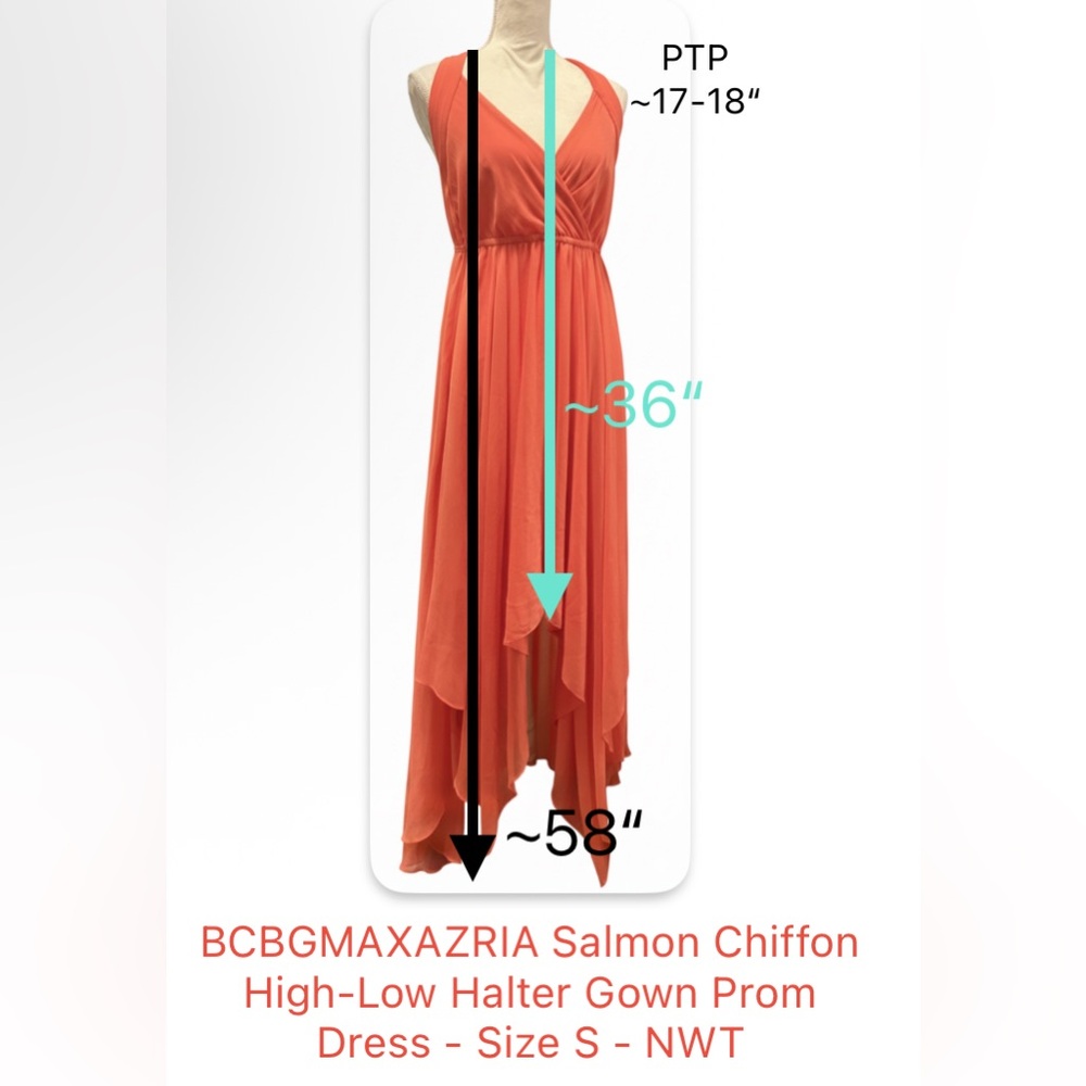 BCBGMAXAZRIA Salmon Chiffon High-Low Halter Gown Prom Dress Size S NWT - Picture 4 of 12